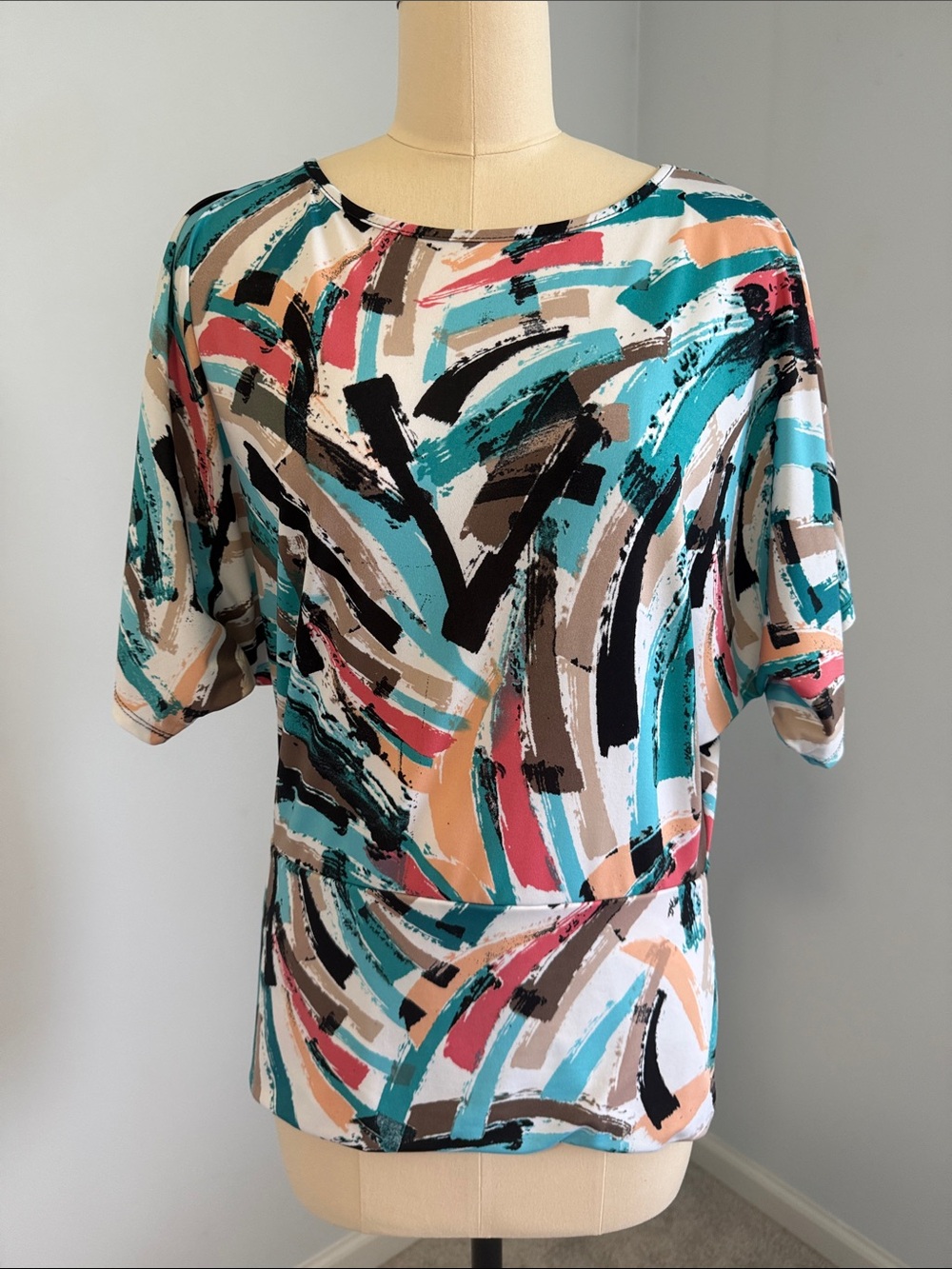 Metrostyle Abstract Brushstroke Print Short Sleeve Top - Teal Multi SZS